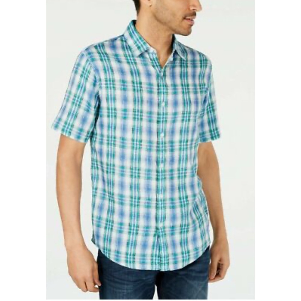 Michael Kors XL linen Slim Fit Plaid Short Sleeve Button‎ Up Shirt Mens